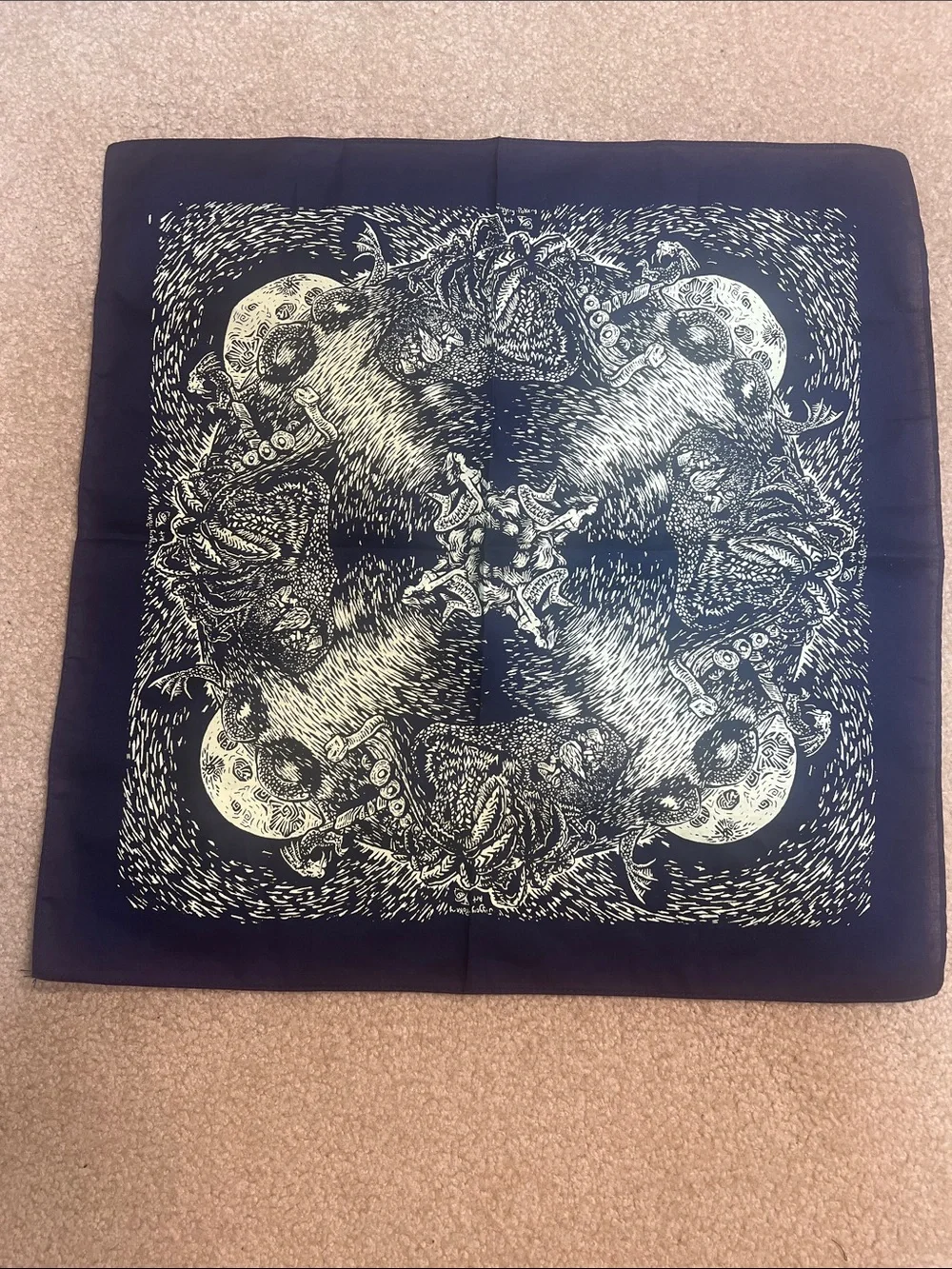 Jiggy-Pokery Art Dark Fantasy Bandana Scarf 21x21 Navy Cream